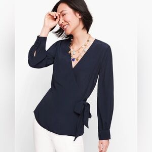 Talbots Navy Blue Poet Sleeve Wrap Top Long Sleeve‎ Size Small